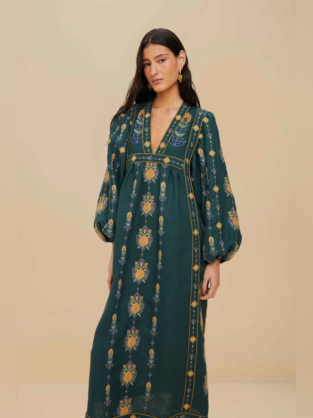 Farm Rio Euroflax Linen Embroidered Tunic Maxi Dress Resort NWT - Picture 2 of 10